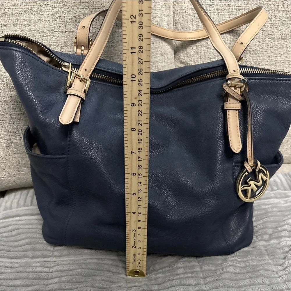 Michael Kors Navy Zip Top Tote Bag Gold Hardware w/ MK Charm Lined Pockets